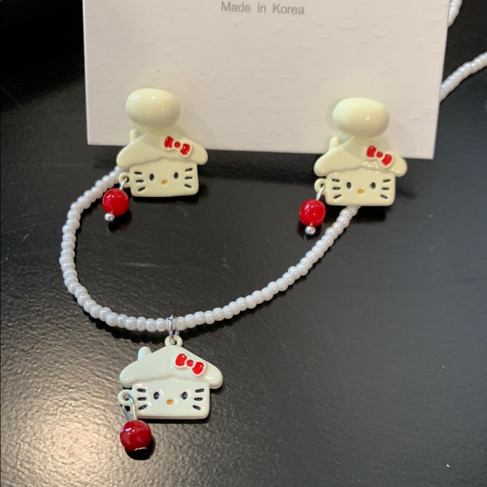 Hello Kitty Cream and Red Necklace and earrings Set